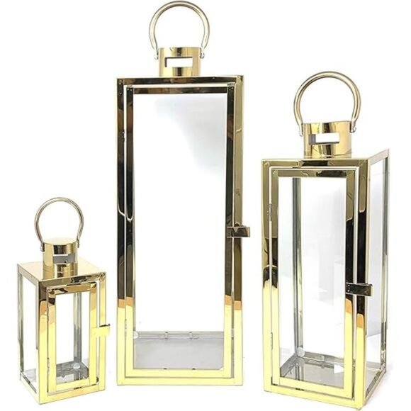 3-PC Lantern Set 23 Inch Jumbo Deluxe Modern Candle Lantern Set Stainless Steel - Picture 7 of 7